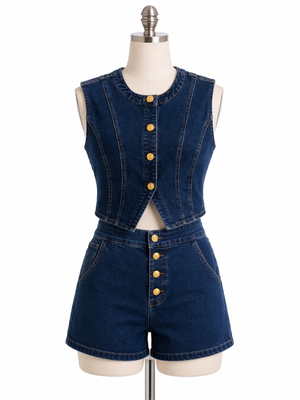 Vigoss Dark Blue Denim Vest with Yellow Buttons & shorts